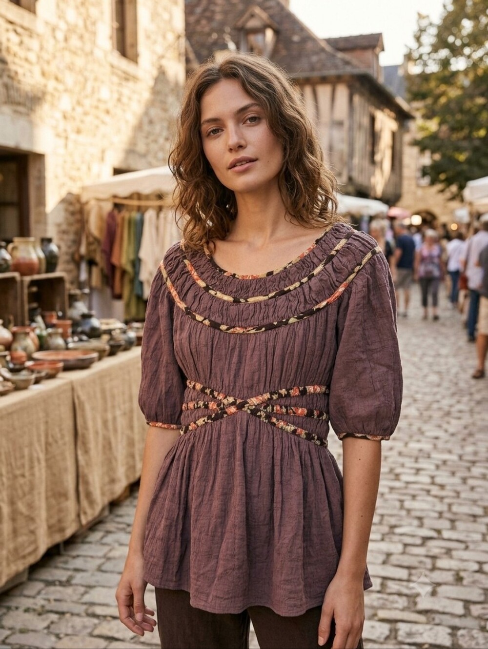 Artka Womens Boho Brown Smocked Peplum Babydoll Cotton Floral Trim Blouse Size S